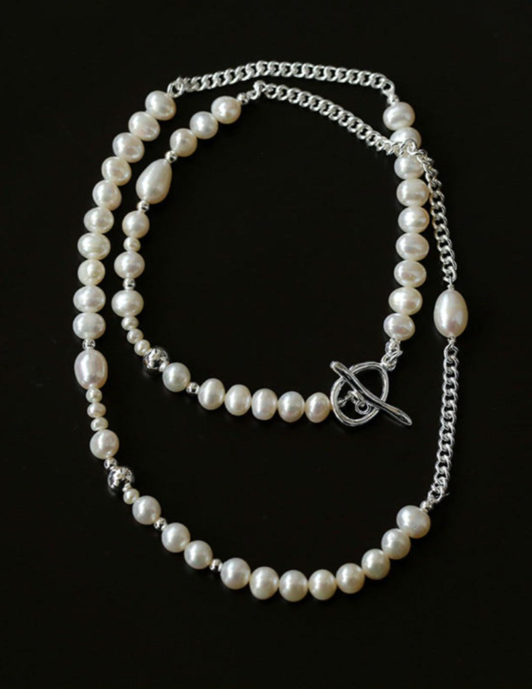 OT Buckle Long Chain Stitching Pearl Necklace - Gembea Jewelry