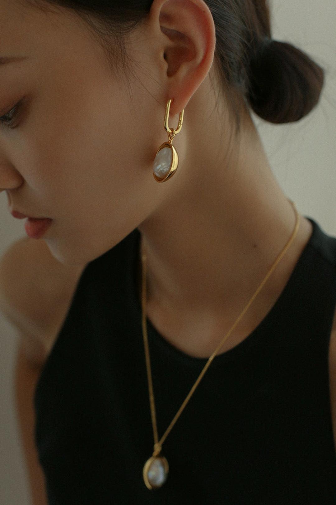 Oval Pendant Baroque Shaped Pearl Earrings - Gembea Jewelry