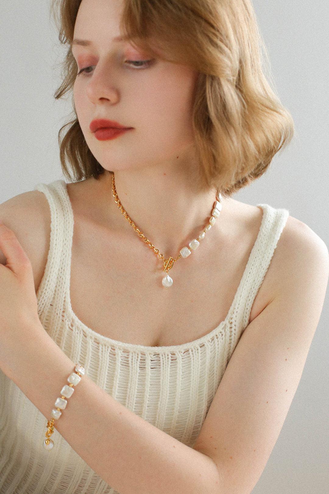 Natural Freshwater Square Pearl Chain Necklace - Gembea Jewelry