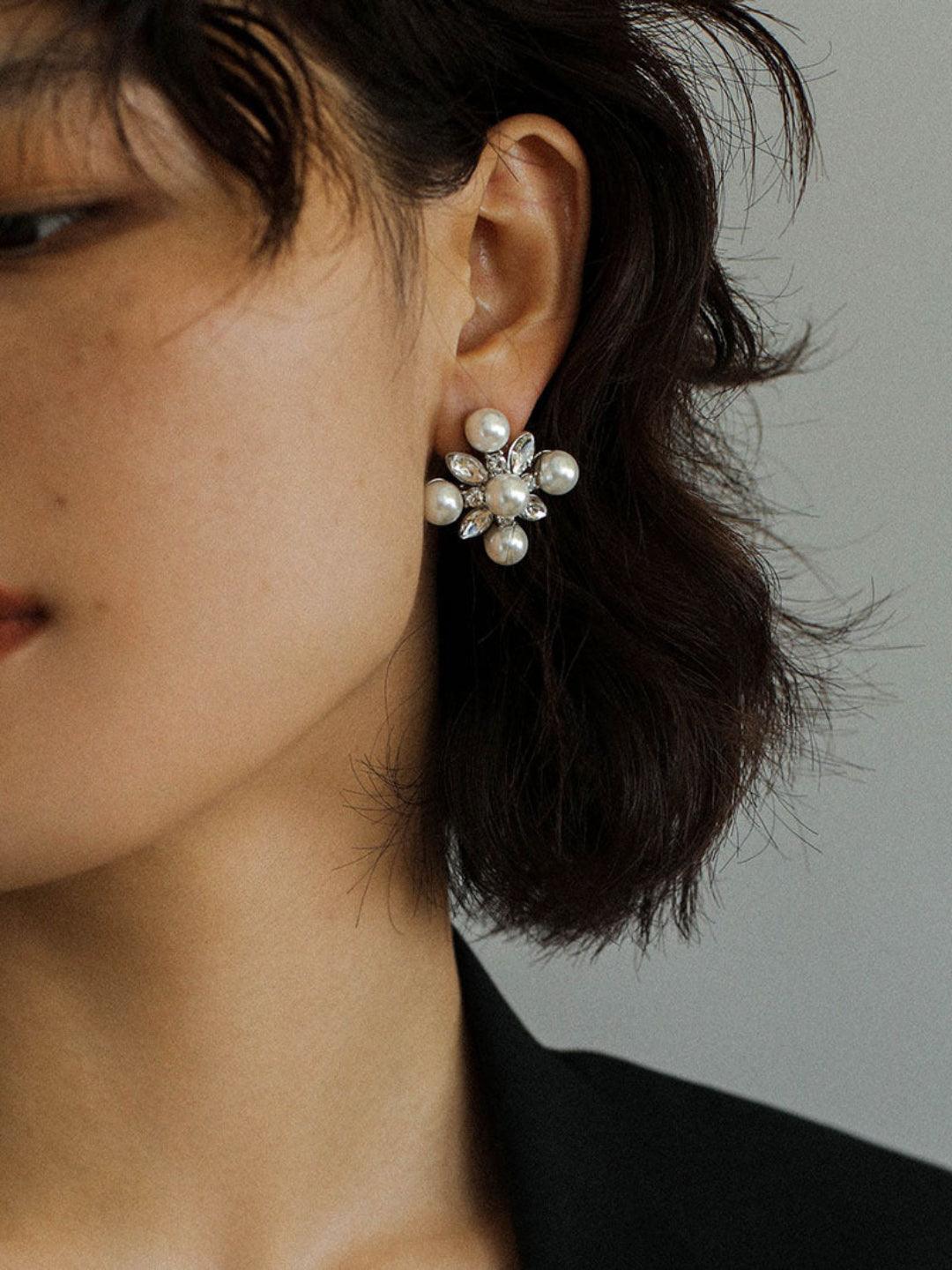 Snow Artificial Pearl Crystal Stud Earrings - Gembea Jewelry