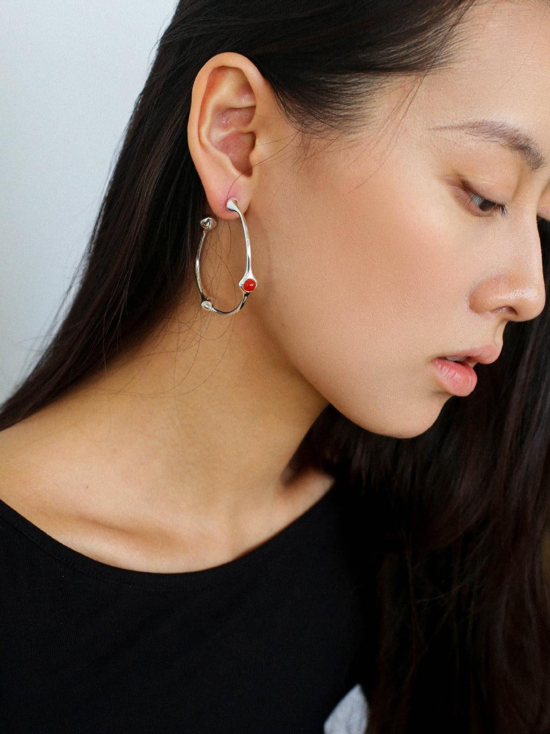 Red Agate Tiger Eye Stone Metal Hoop Earrings - Gembea Jewelry