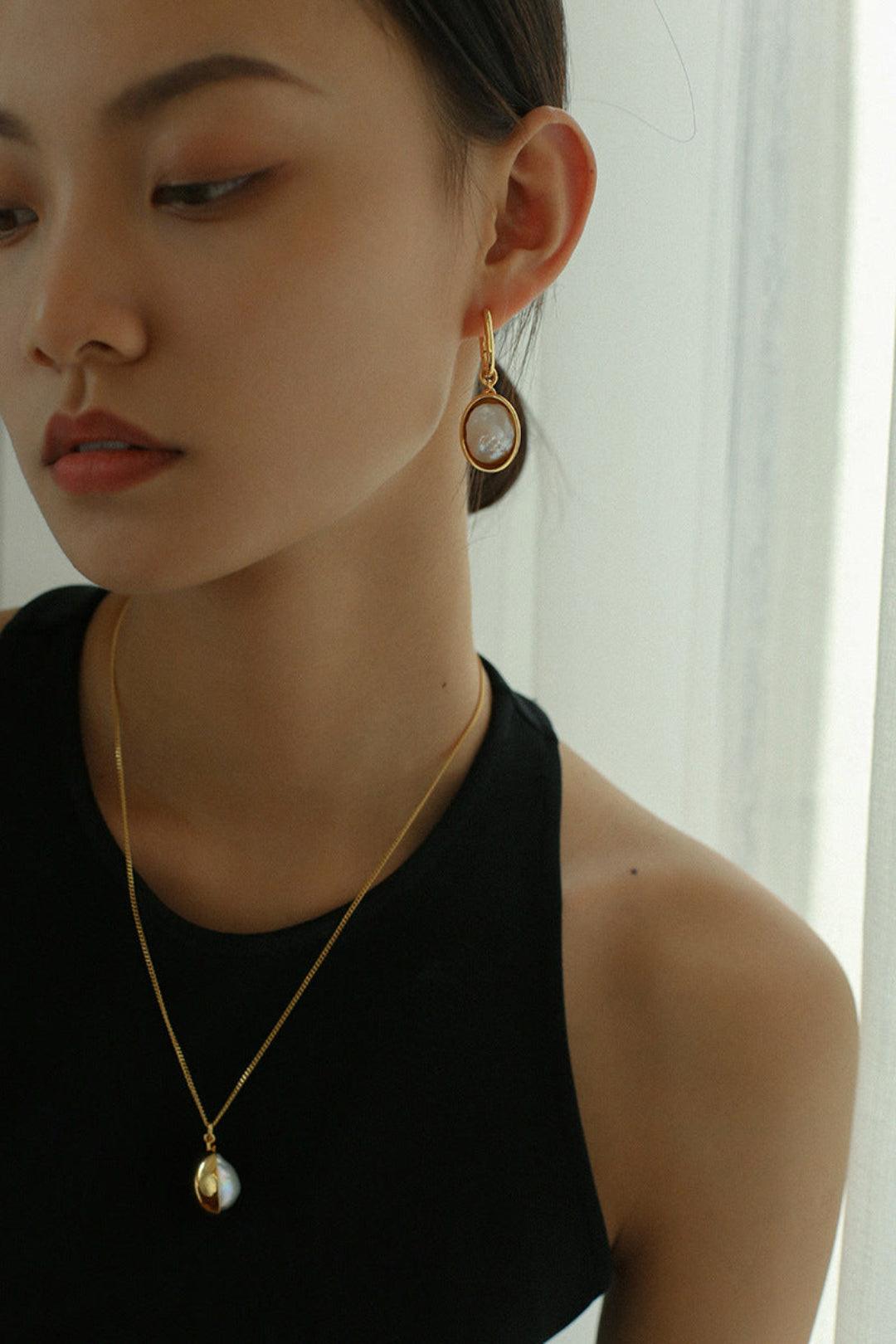 Oval Pendant Baroque Shaped Pearl Earrings - Gembea Jewelry