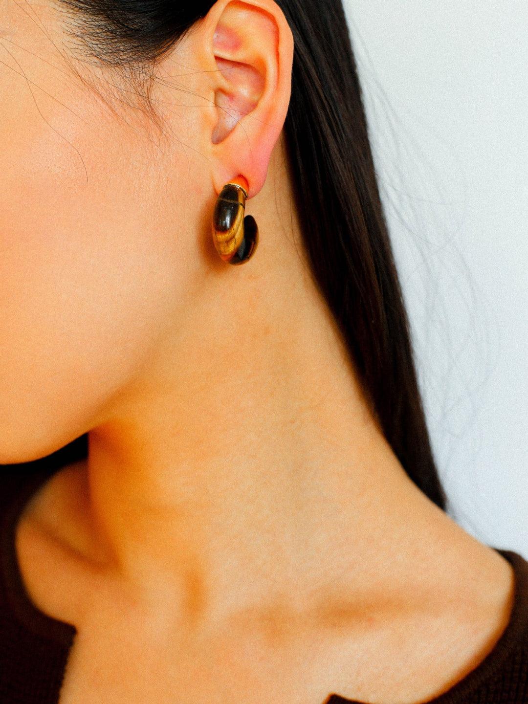 Black Agate Tiger Eye Stone Moon Bud Earrings - Gembea Jewelry