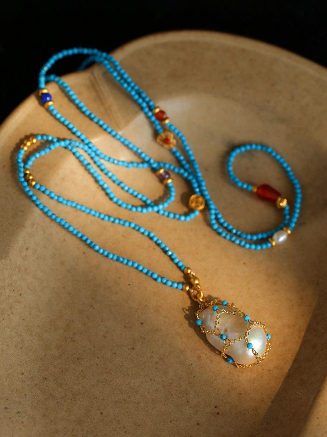 Spring Heartbeat Blue Turquoise Baroque Necklace - Gembea Jewelry