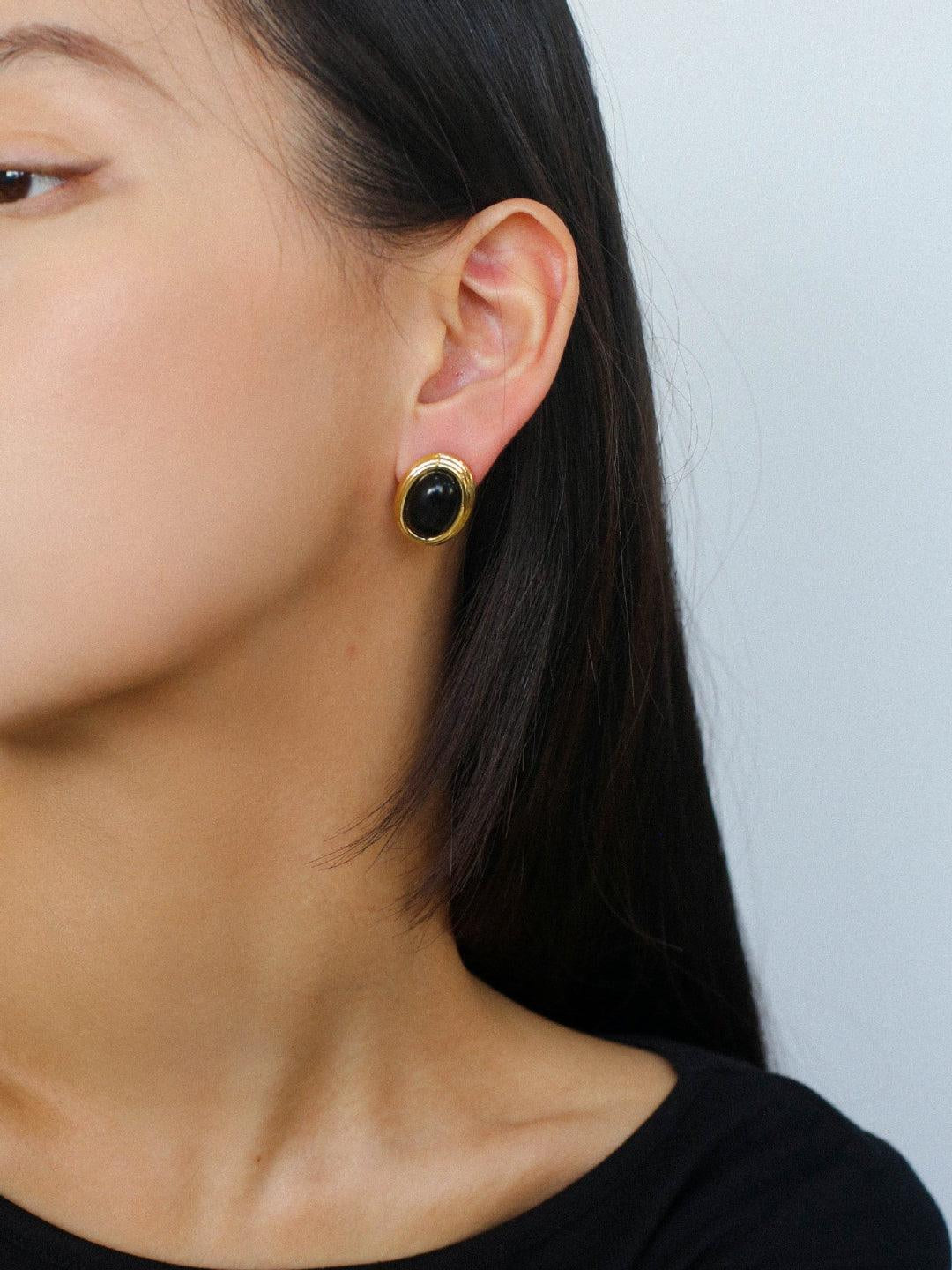 Oval Tiger Eye Stone Black Agate Earrings - Gembea Jewelry