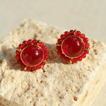 White Crystal Black and Red Agate Stud Earrings - Gembea Jewelry