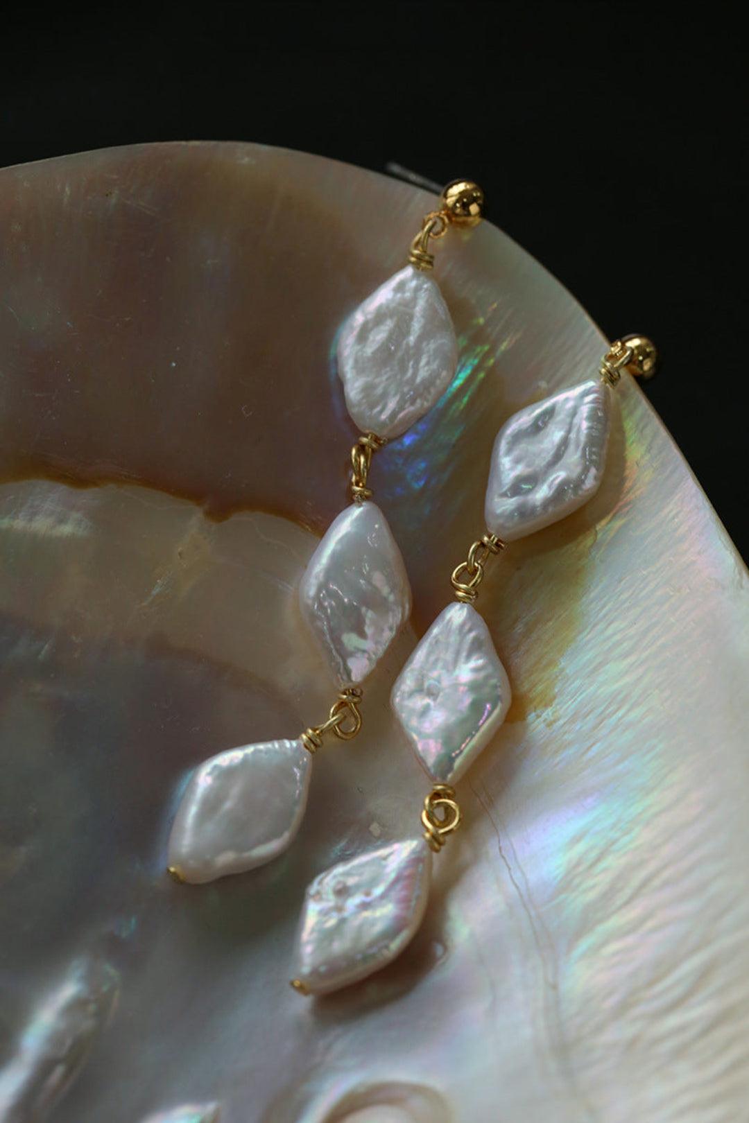Diamond Baroque Pearl Long Earrings - Gembea Jewelry
