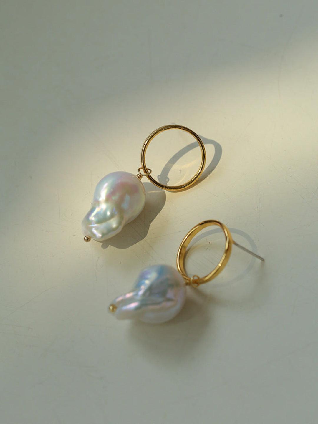Metal Circle Baroque Pearl Drop Earrings - Gembea Jewelry