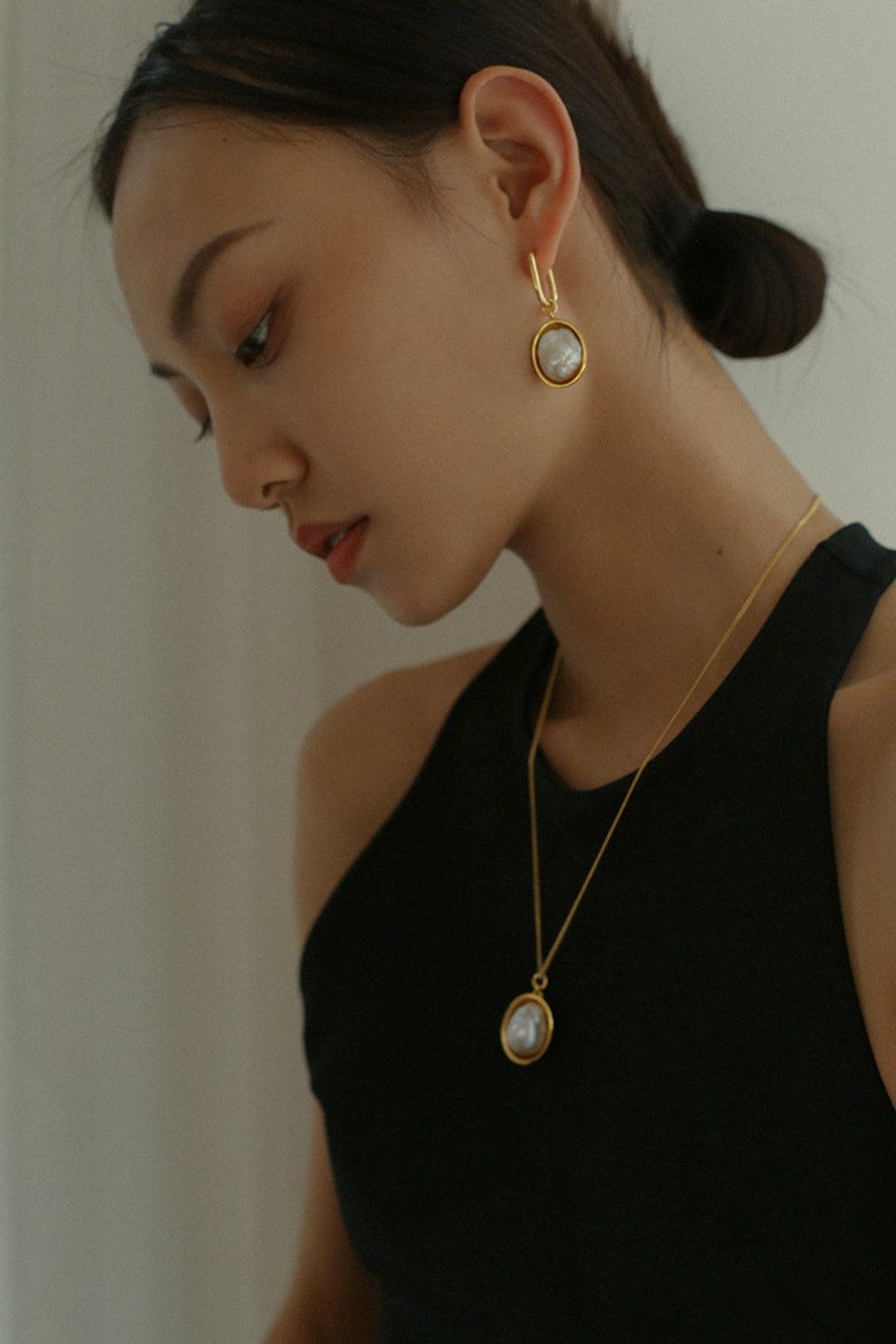 Oval Pendant Baroque Shaped Pearl Earrings - Gembea Jewelry