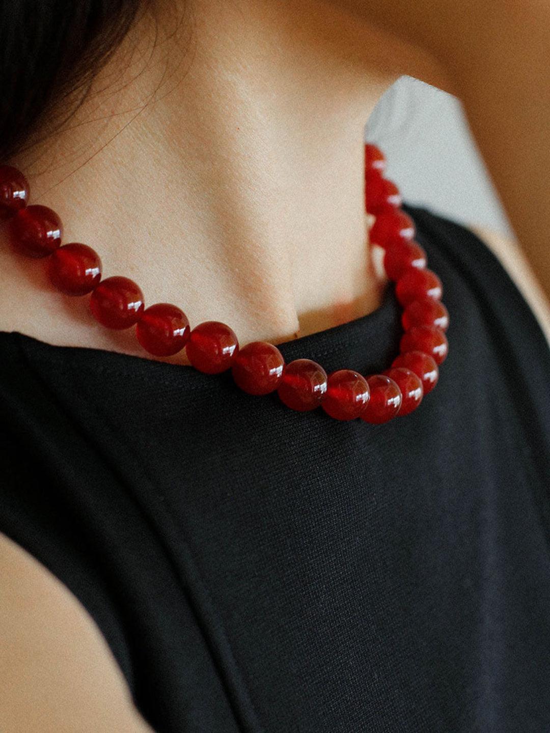 Vintage Red Agate Round Bead Necklace - Gembea Jewelry