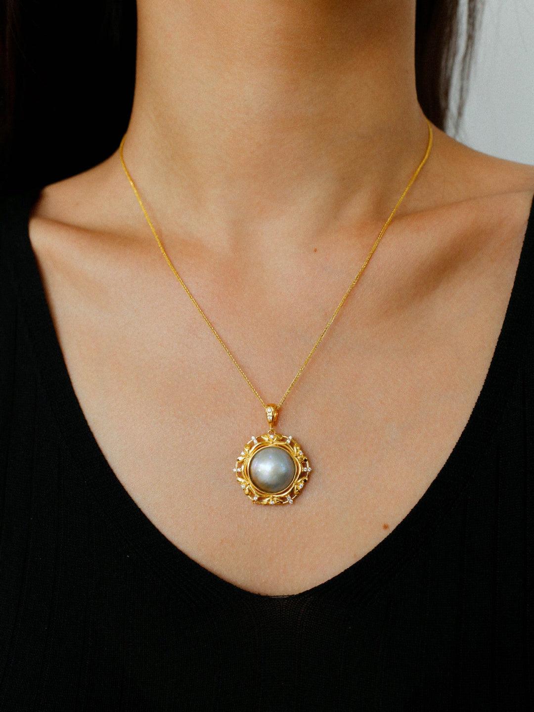 Hollow Seawater Mabe Pearl Pendant Necklace - Gembea Jewelry