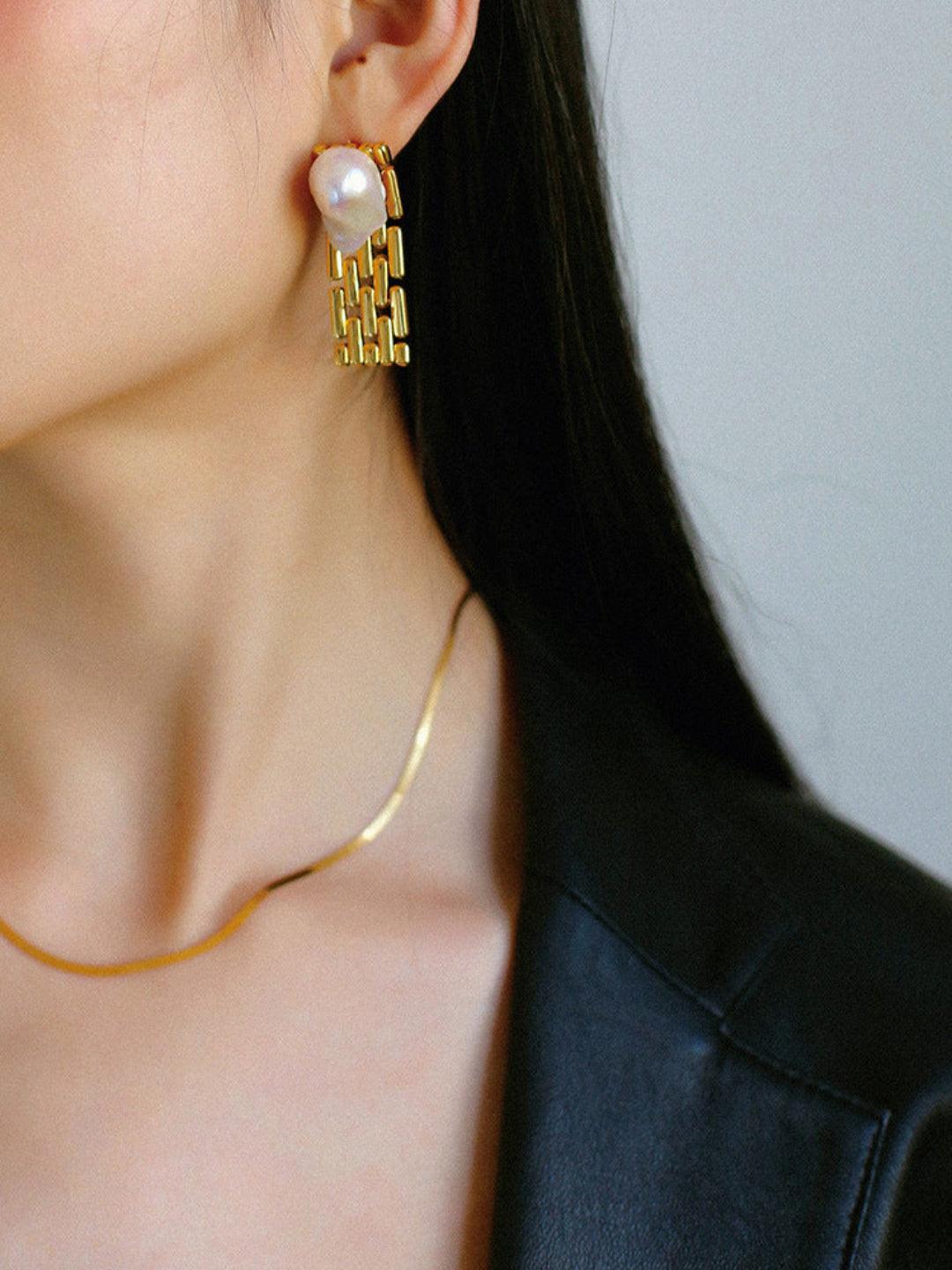 Wide Version Watch Chain Baroque Pearl Earrings - Gembea Jewelry