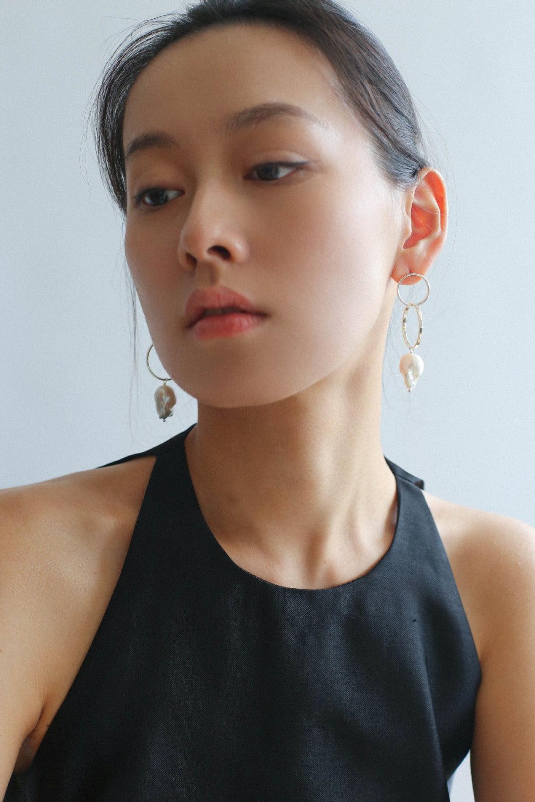 Metal Circle Baroque Pearl Drop Earrings - Gembea Jewelry