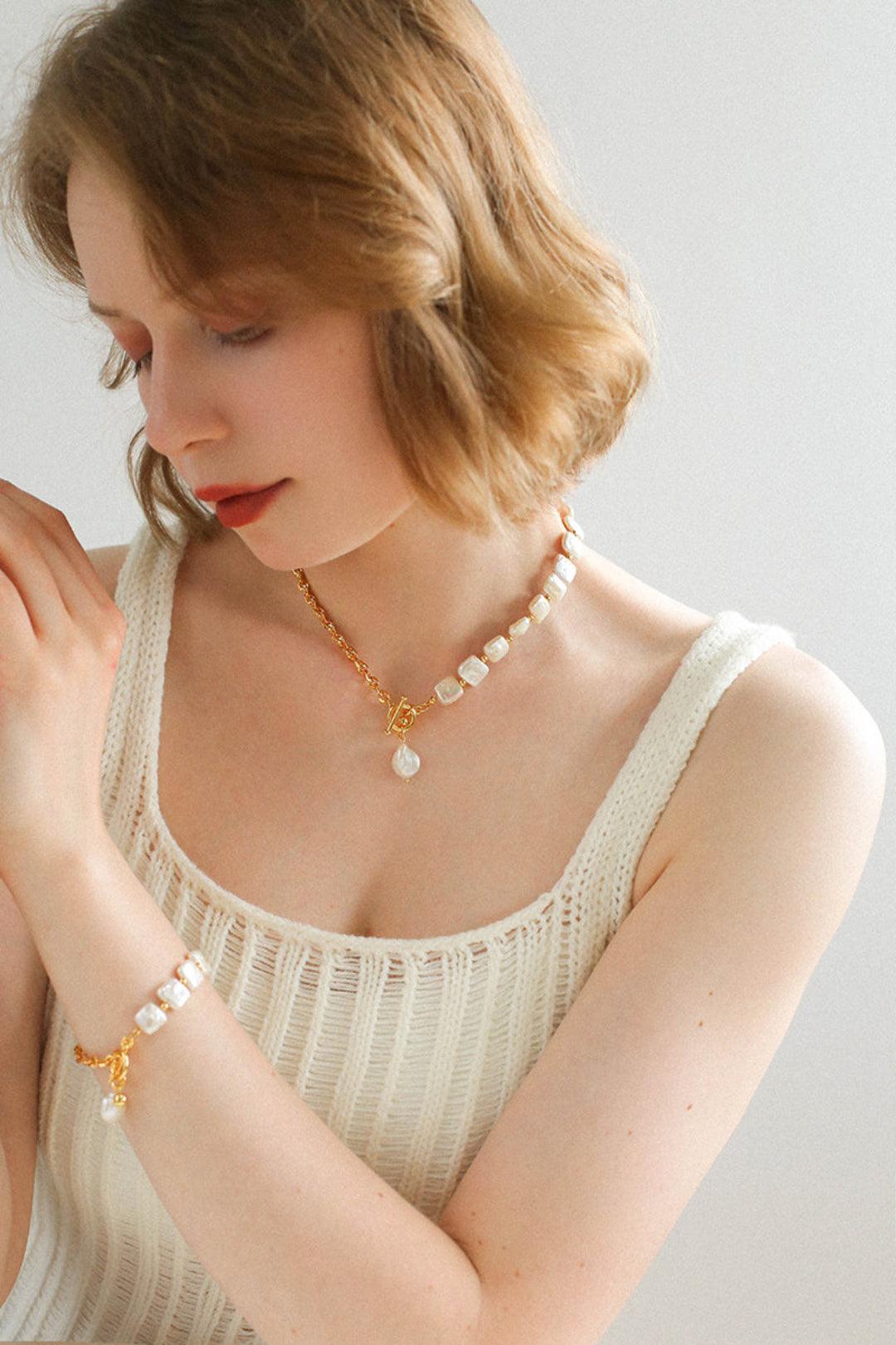 Natural Freshwater Square Pearl Chain Bracelet - Gembea Jewelry