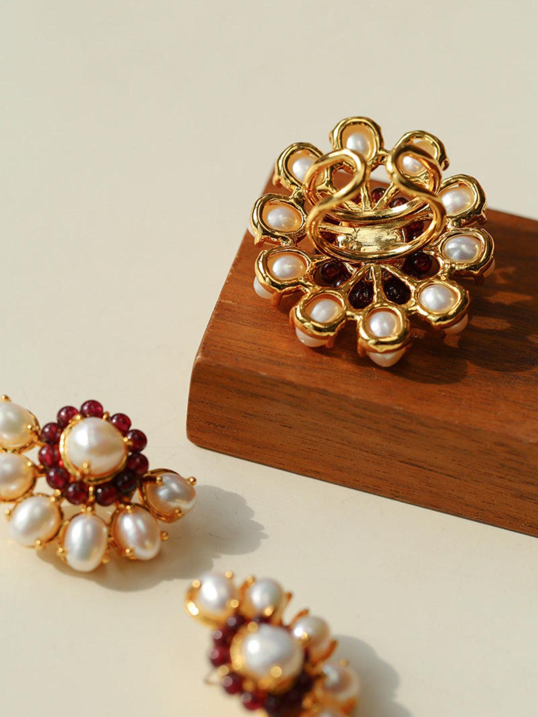 Natural Freshwater Pearl Garnet Stone Open Ring - Gembea Jewelry