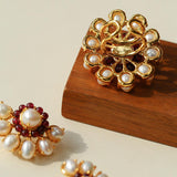 Natural Freshwater Pearl Garnet Stone Open Ring - Gembea Jewelry