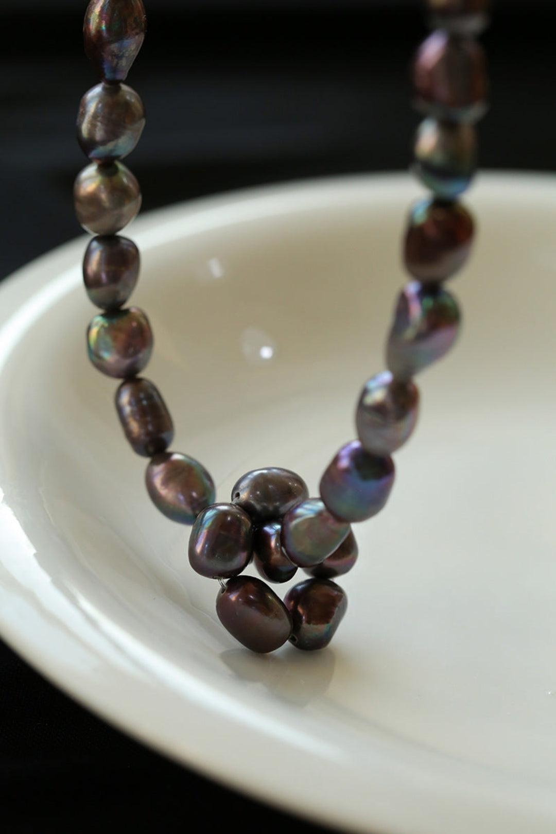 Hand-woven Pearl Run Loop Grey Necklace - Gembea Jewelry