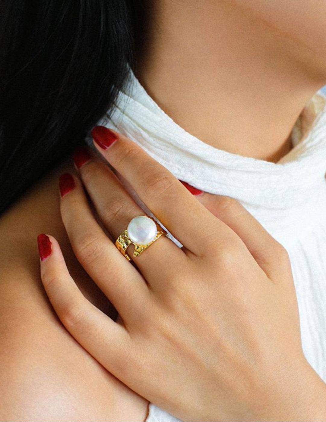 Button Shaped Baroque Pearl Ring - Gembea Jewelry
