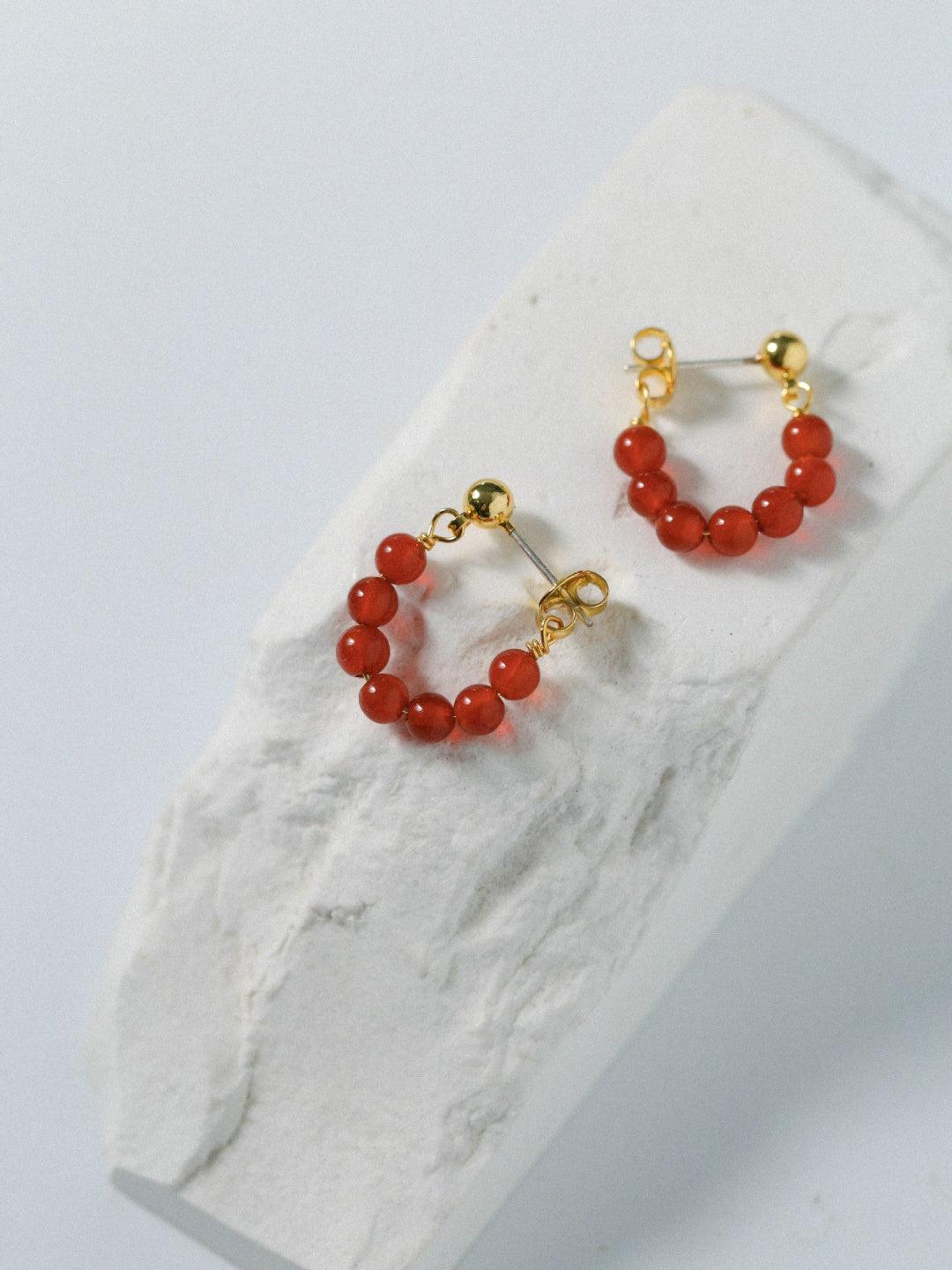 Red Agate Beaded Hoop Earrings - Gembea Jewelry