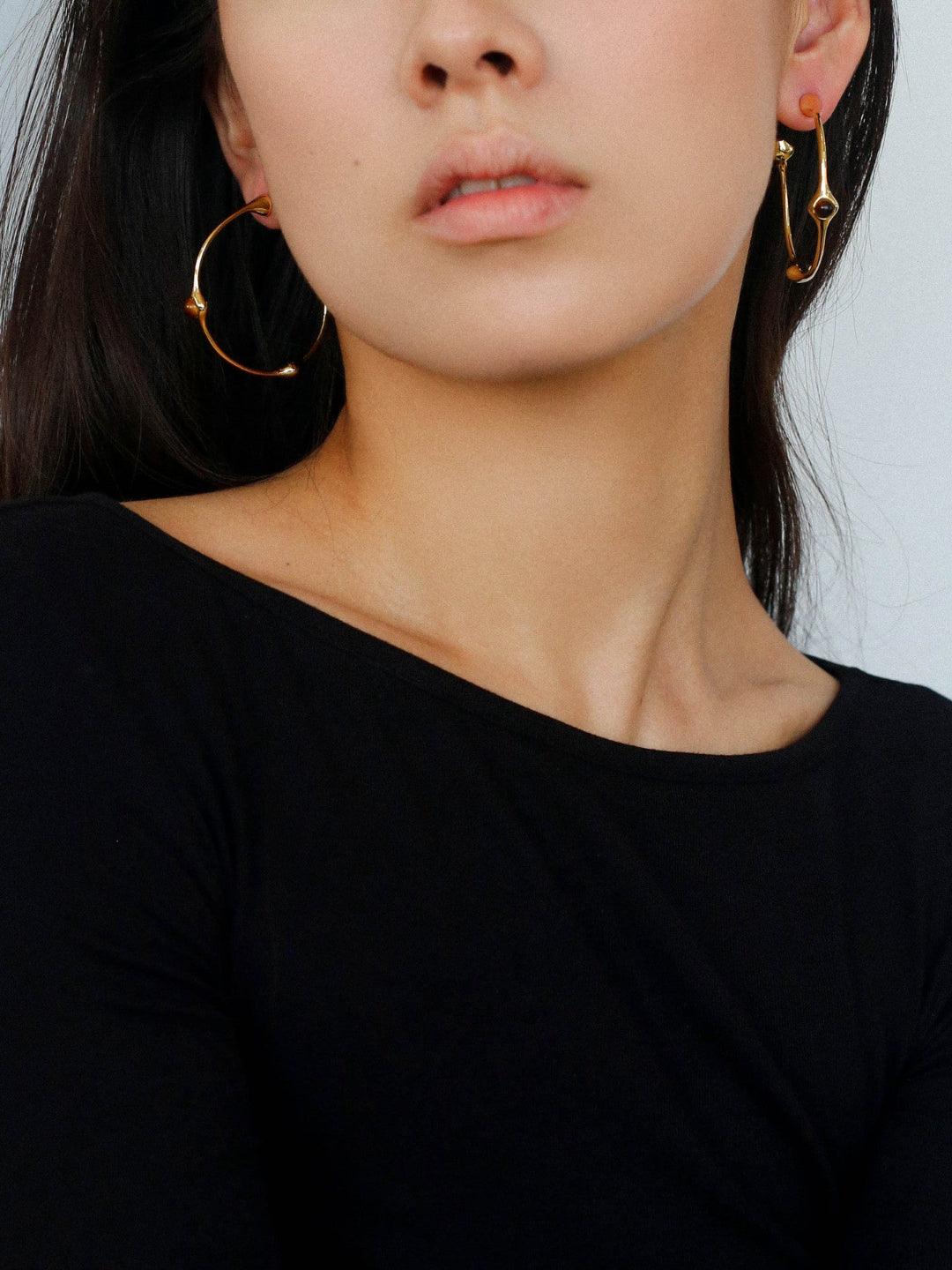 Red Agate Tiger Eye Stone Metal Hoop Earrings - Gembea Jewelry