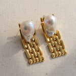 Wide Version Watch Chain Baroque Pearl Earrings - Gembea Jewelry