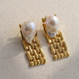 Wide Version Watch Chain Baroque Pearl Earrings - Gembea Jewelry