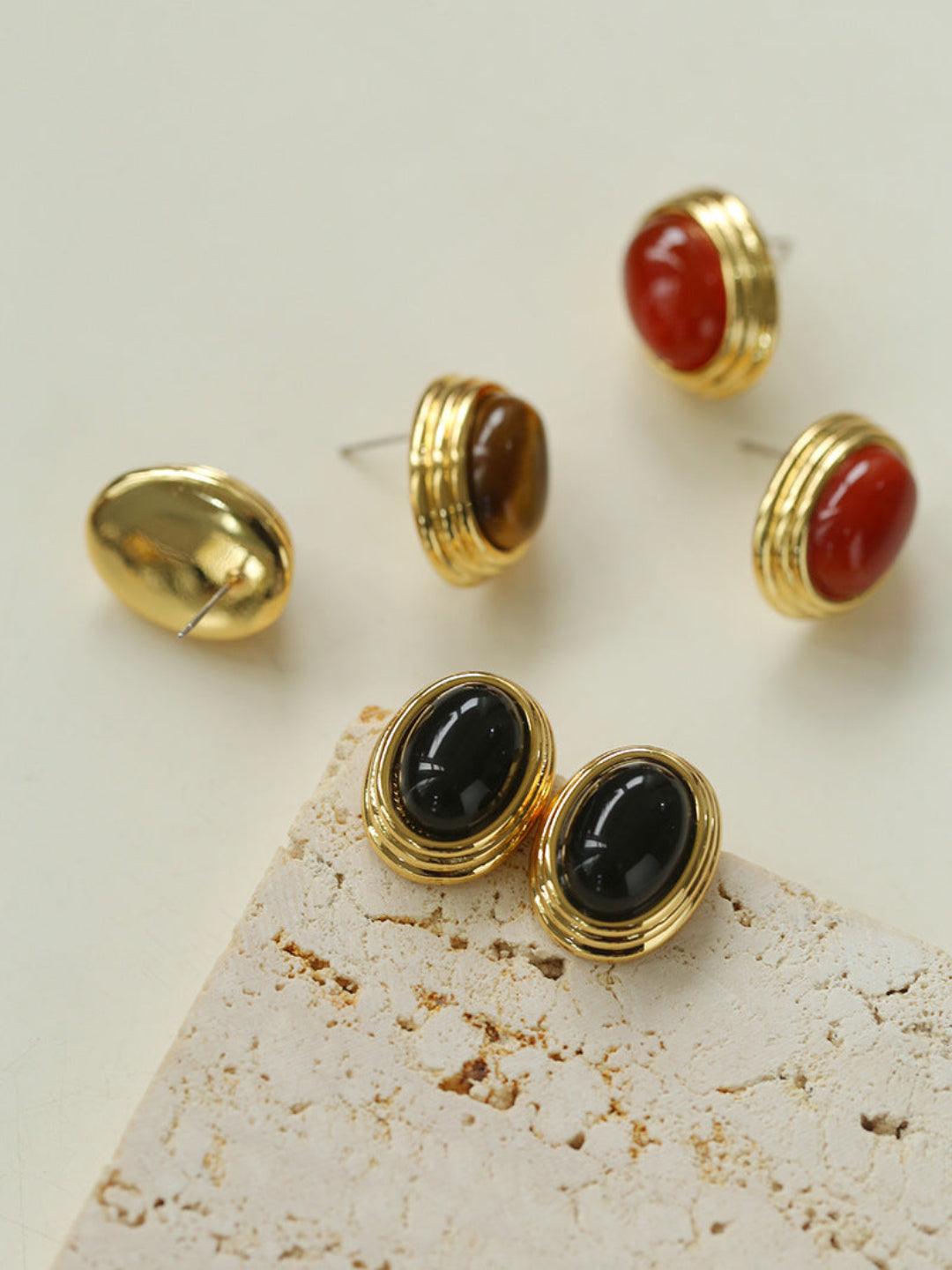 Oval Tiger Eye Stone Black Agate Earrings - Gembea Jewelry