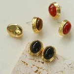 Oval Tiger Eye Stone Black Agate Earrings - Gembea Jewelry