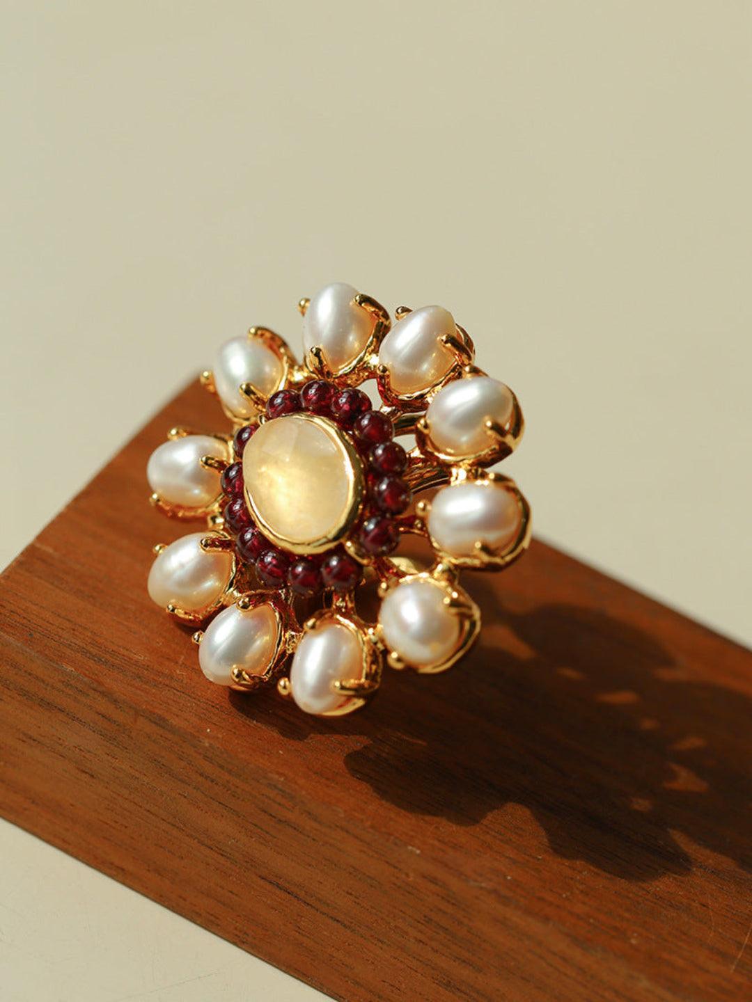 Natural Freshwater Pearl Garnet Stone Open Ring - Gembea Jewelry