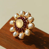 Natural Freshwater Pearl Garnet Stone Open Ring - Gembea Jewelry
