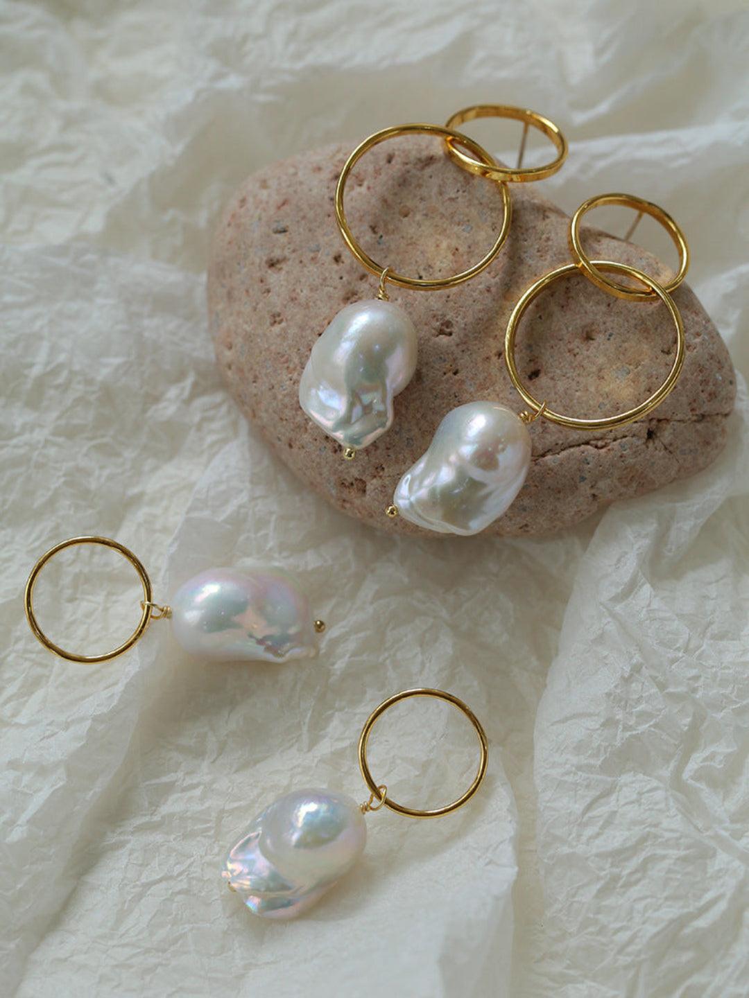 Metal Circle Baroque Pearl Drop Earrings - Gembea Jewelry