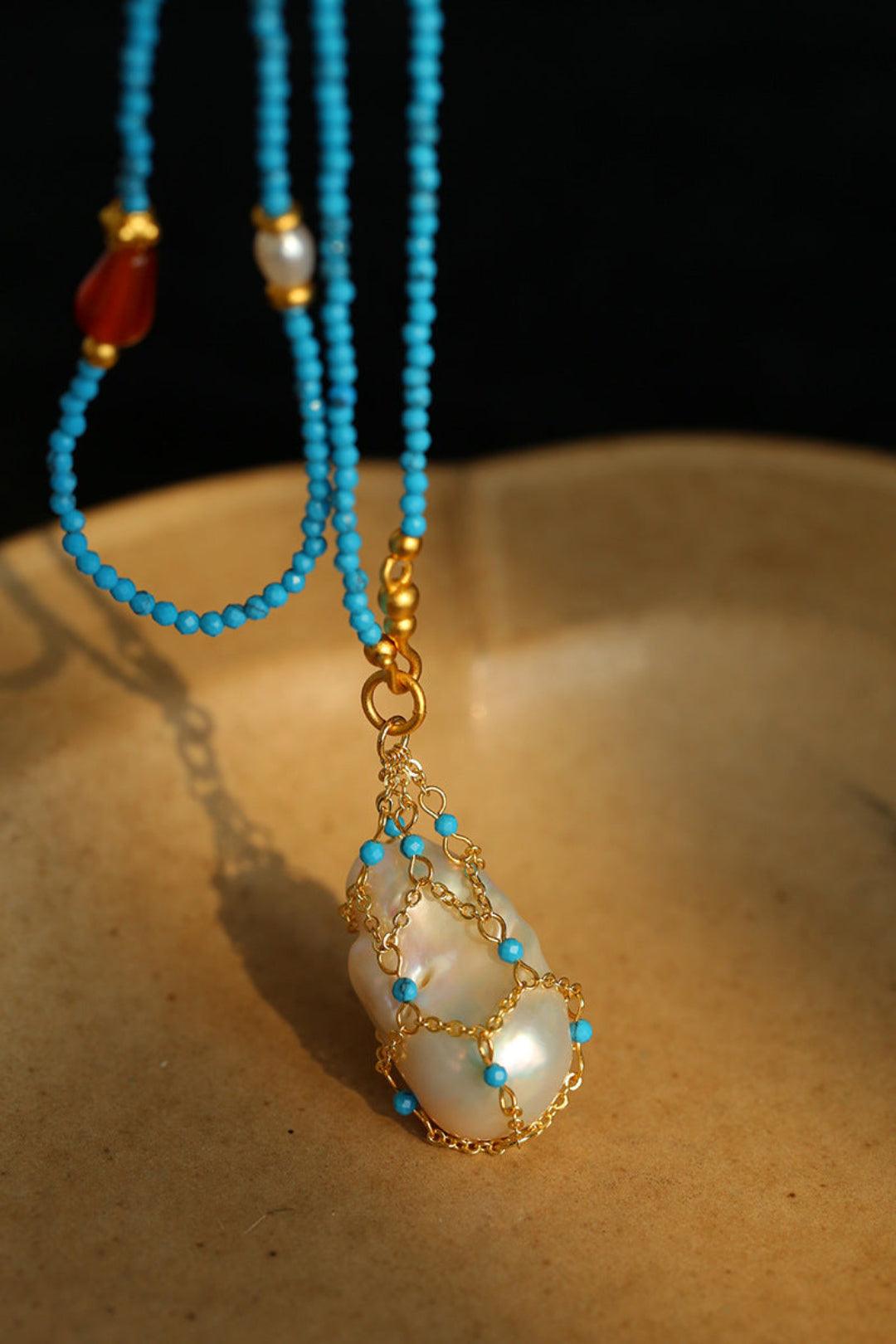 Spring Heartbeat Blue Turquoise Baroque Necklace - Gembea Jewelry