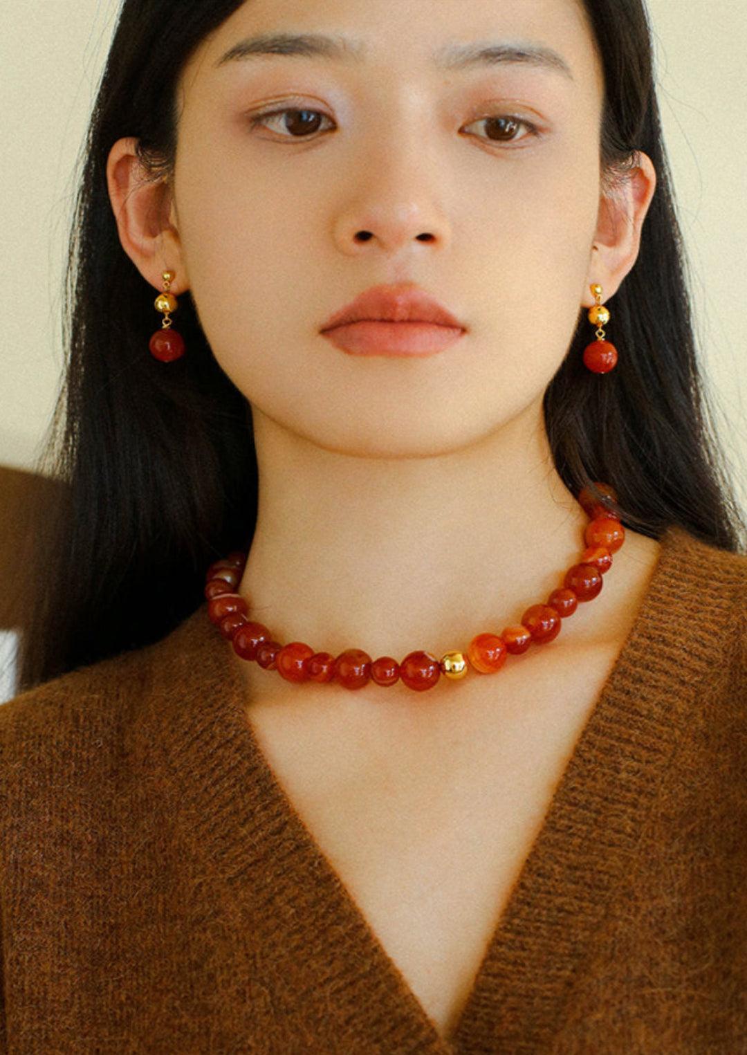Primary Red Agate Round Earrings - Gembea Jewelry