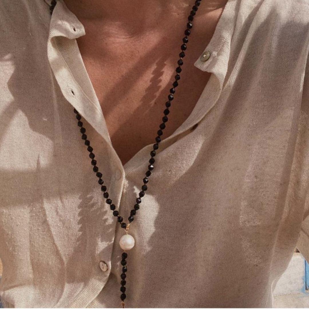 Long Black Agate Baroque Pearl Necklace - Gembea Jewelry