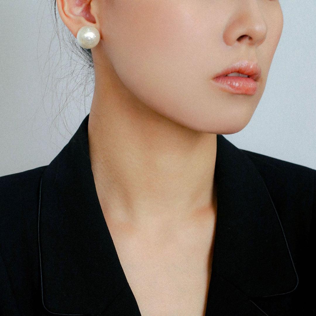 Flying Saucer Cotton Pearl Stud Earrings - Gembea Jewelry