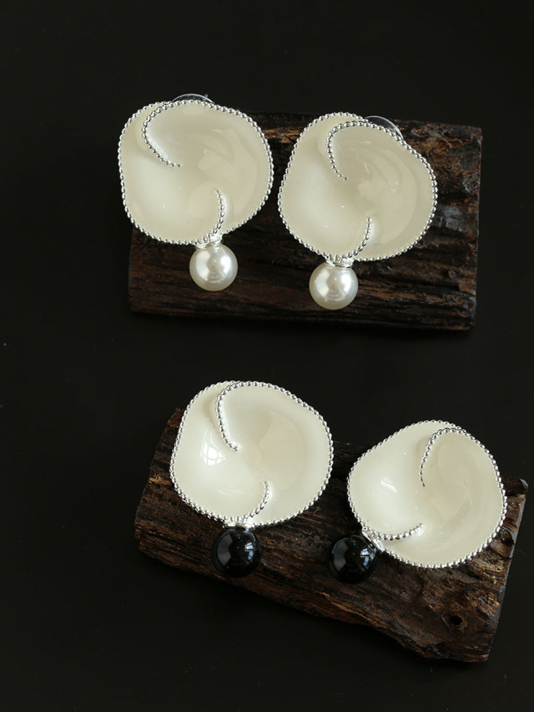 Gembea Jewelry Enamel Flower Pearl Black Agate Earrings