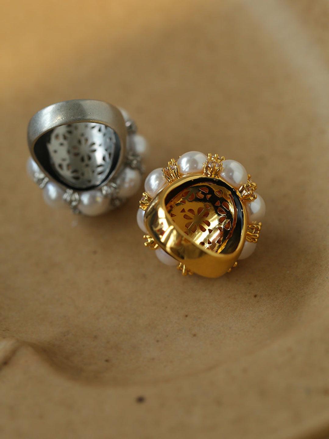 Full Star Flower Artificial Pearl Zircon Ring - Gembea Jewelry