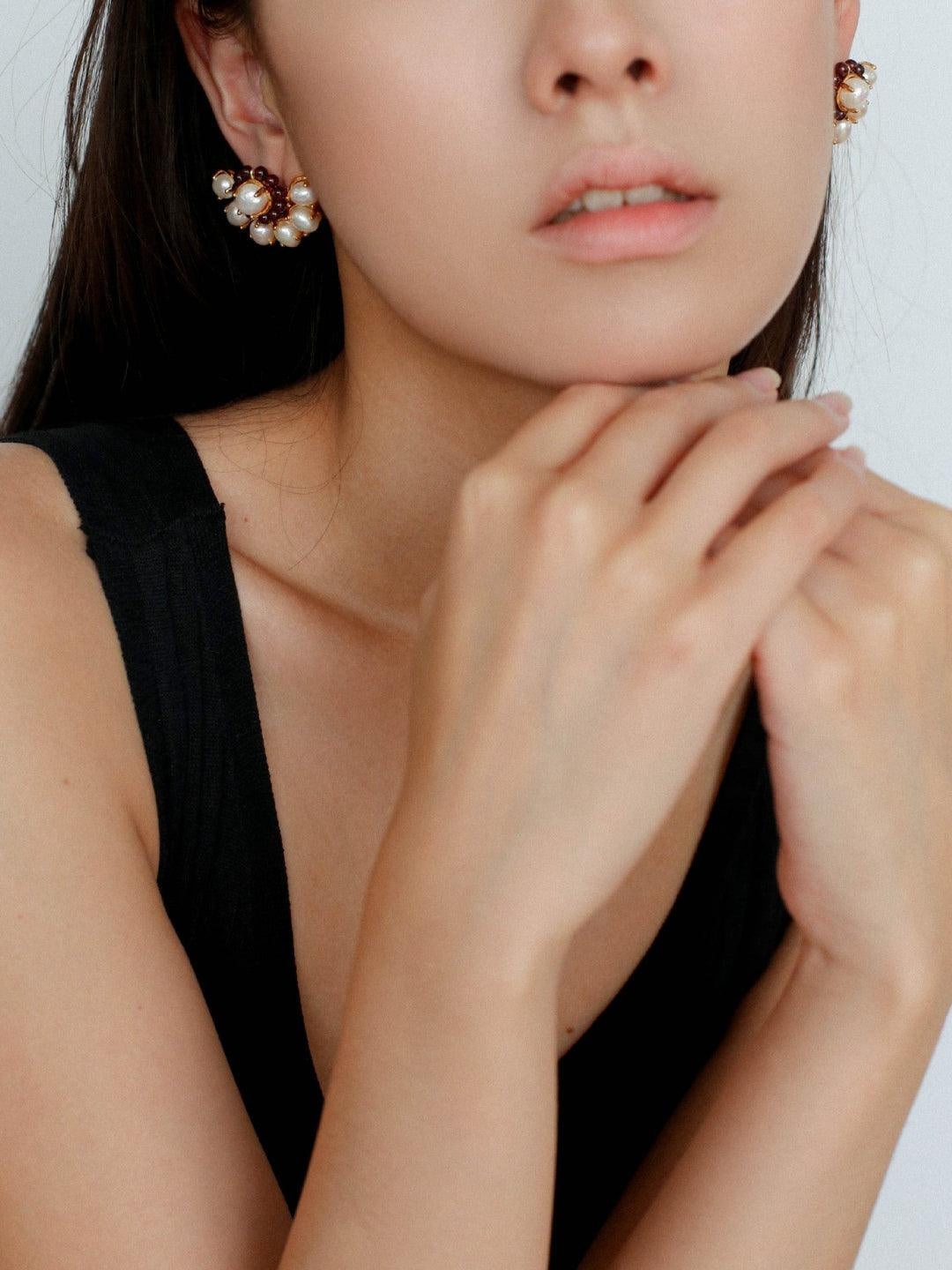 Natural Freshwater Pearl Garnet Stone Earrings - Gembea Jewelry