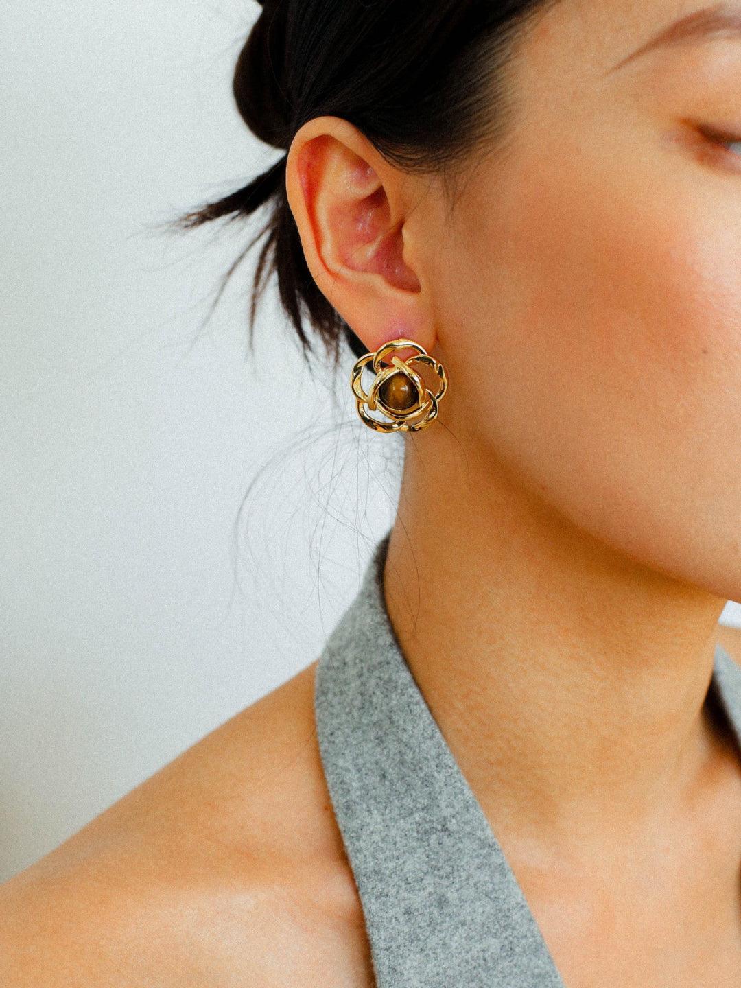 Tiger Eye Gemstone Camellia Earrings - Gembea Jewelry