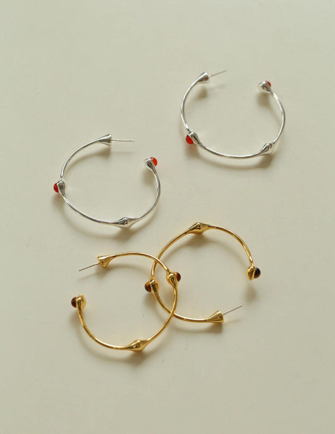Red Agate Tiger Eye Stone Metal Hoop Earrings - Gembea Jewelry