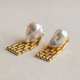 Wide Version Watch Chain Baroque Pearl Earrings - Gembea Jewelry