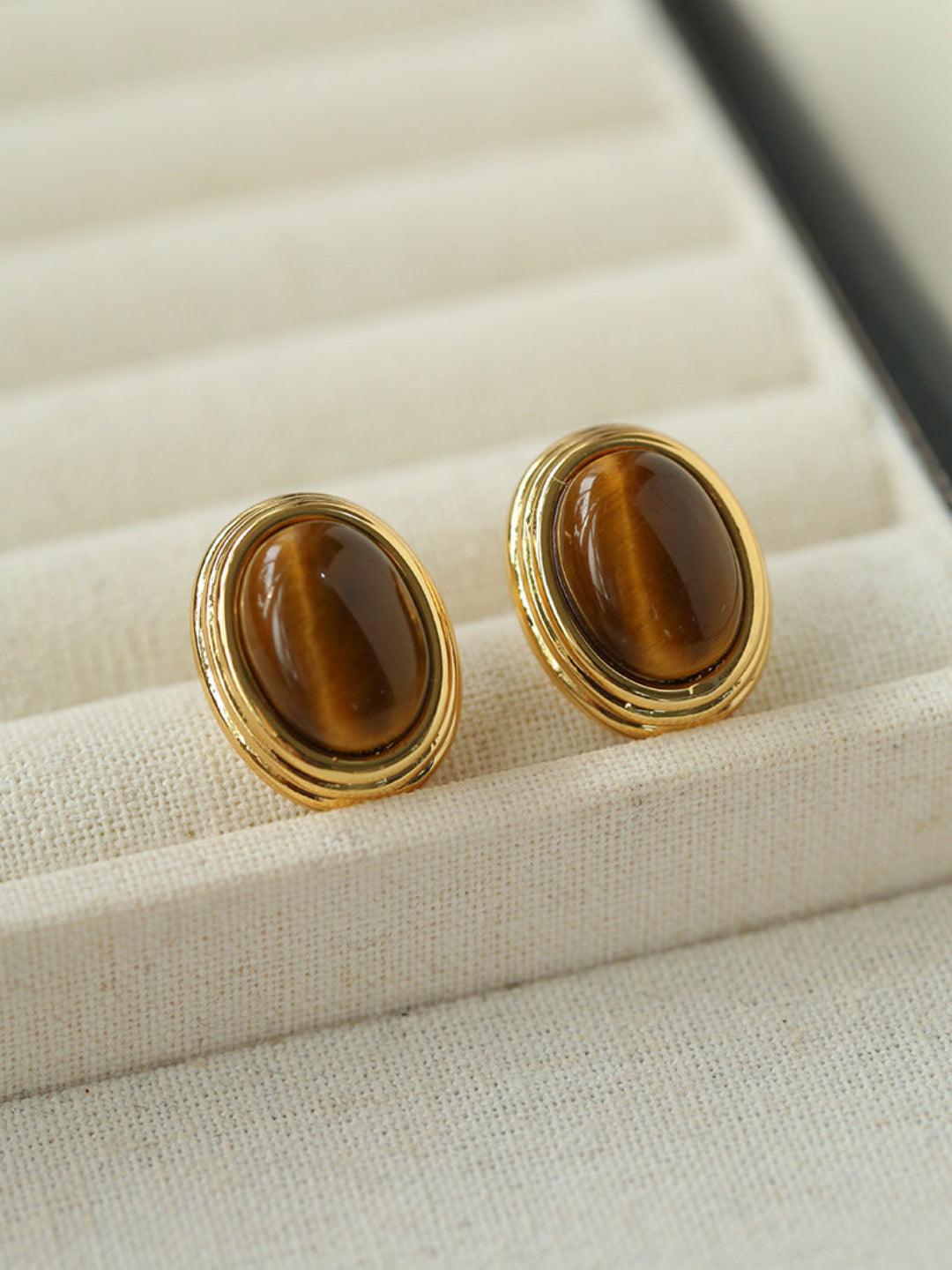 Oval Tiger Eye Stone Black Agate Earrings - Gembea Jewelry