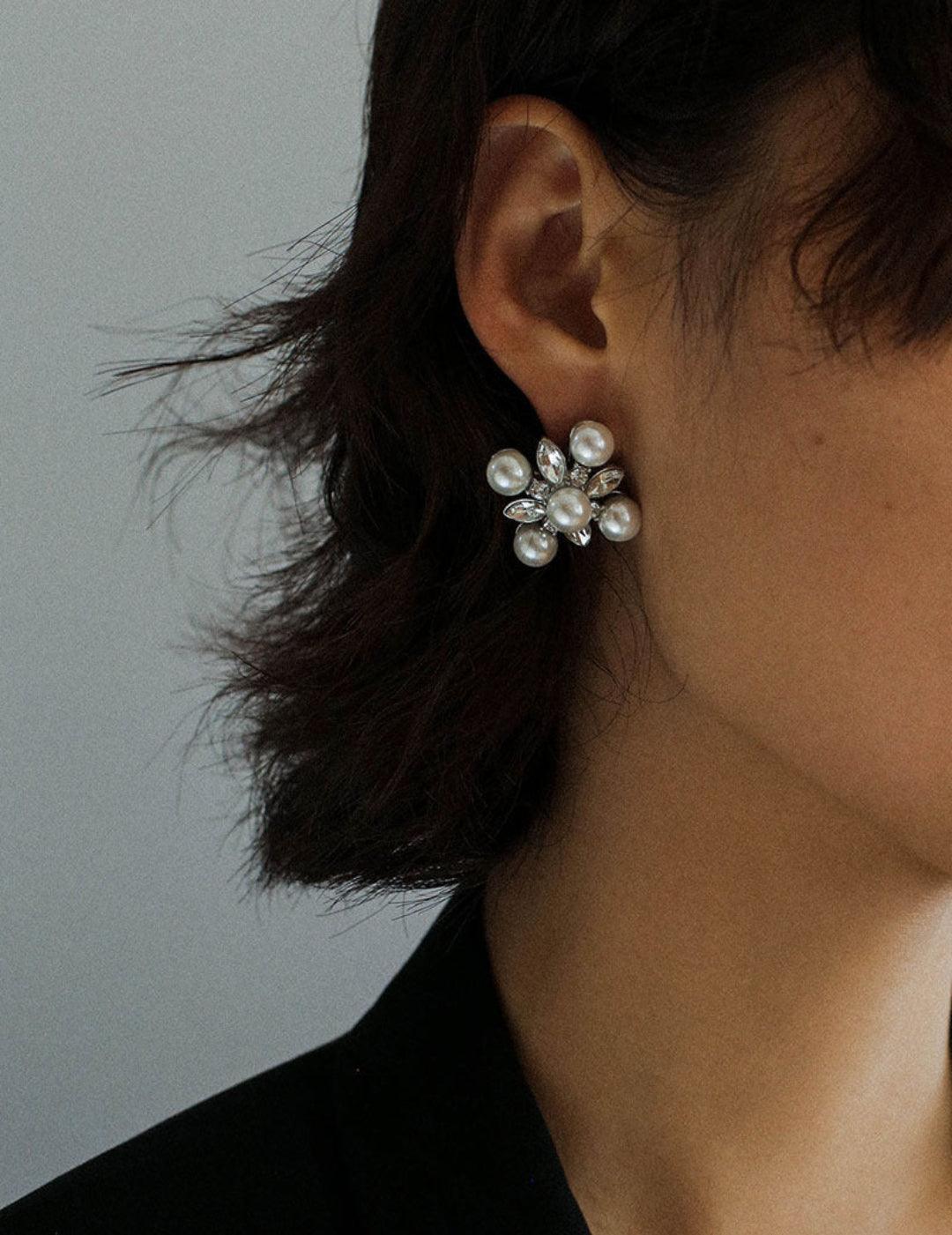 Snow Artificial Pearl Crystal Stud Earrings - Gembea Jewelry