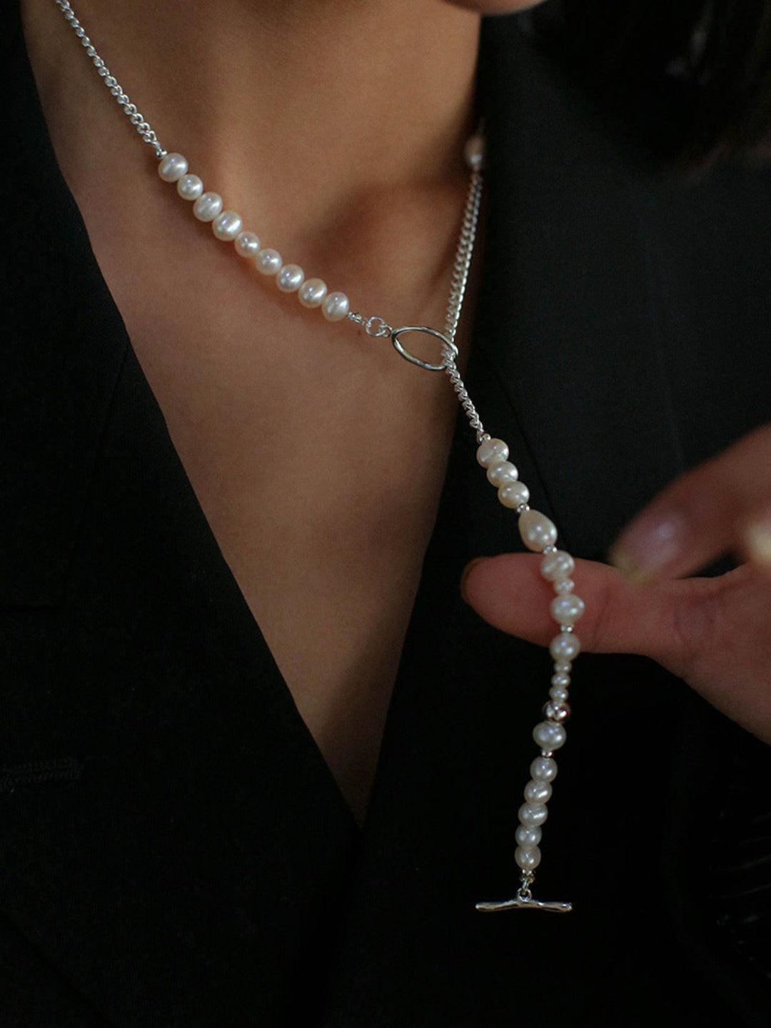 OT Buckle Long Chain Stitching Pearl Necklace - Gembea Jewelry