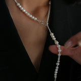 OT Buckle Long Chain Stitching Pearl Necklace - Gembea Jewelry