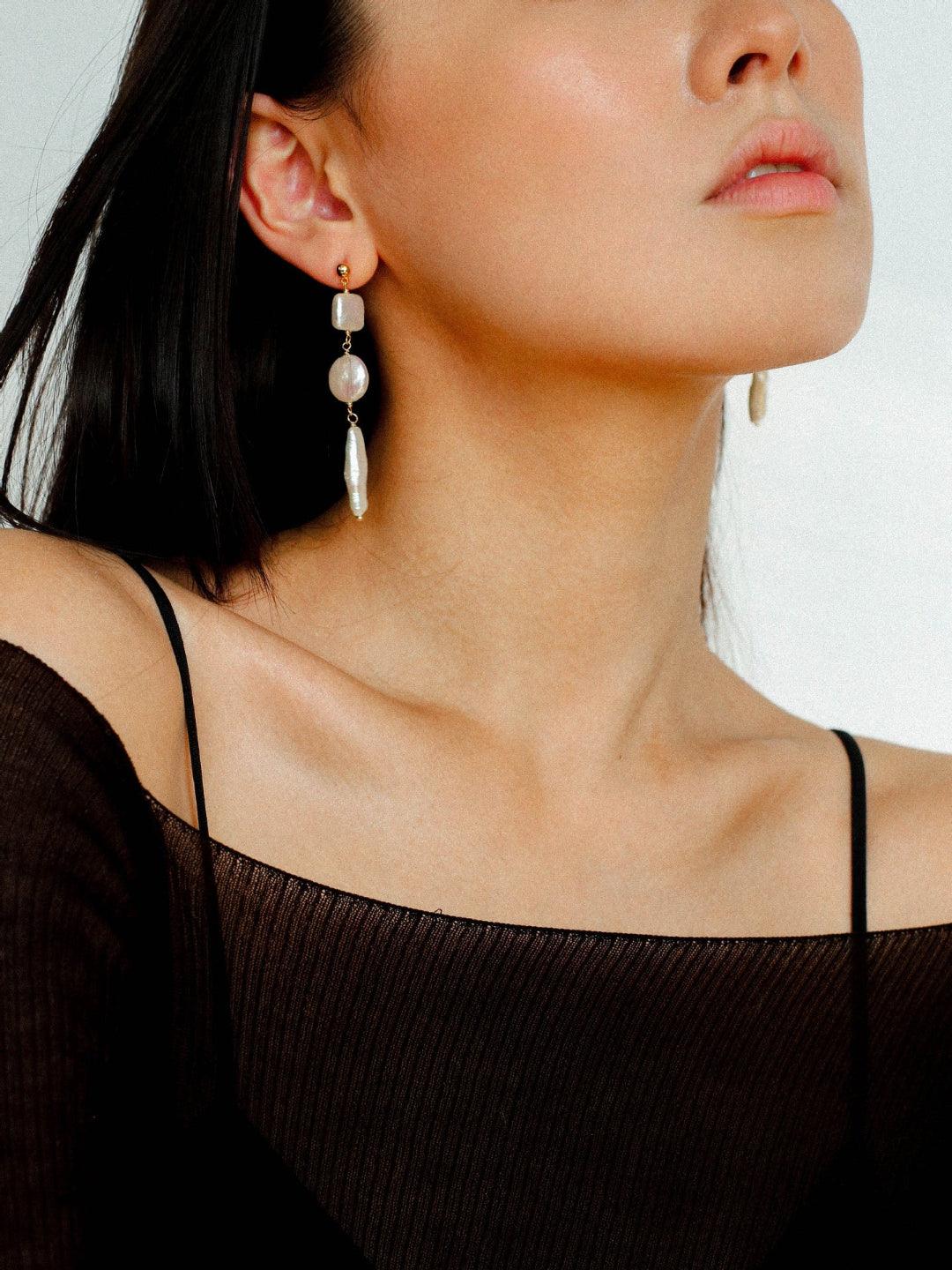 Diamond Baroque Pearl Long Earrings - Gembea Jewelry