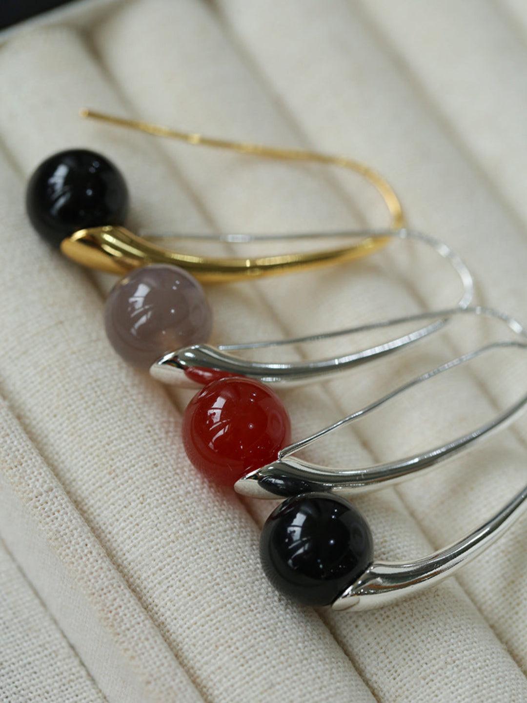 Hand-made Gray Red Black Agate Stone Ear Hooks Earrings - Gembea Jewelry