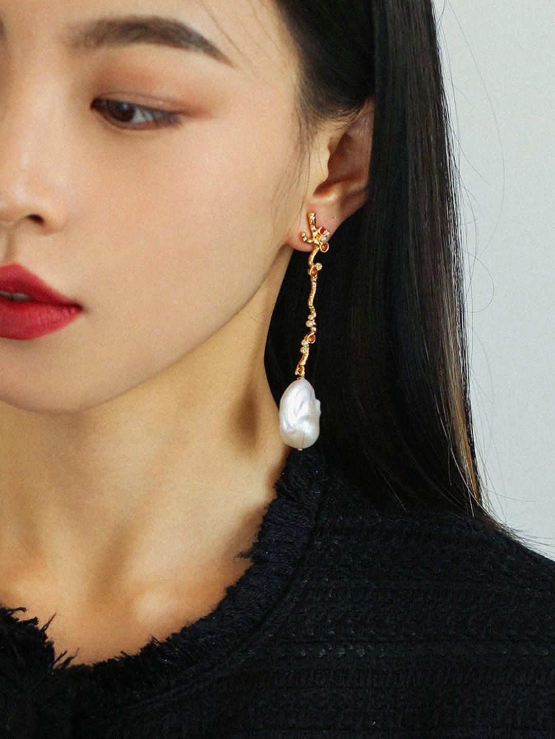 Long Tree Branch with Diamond Baroque Drop Earrings - Gembea Jewelry