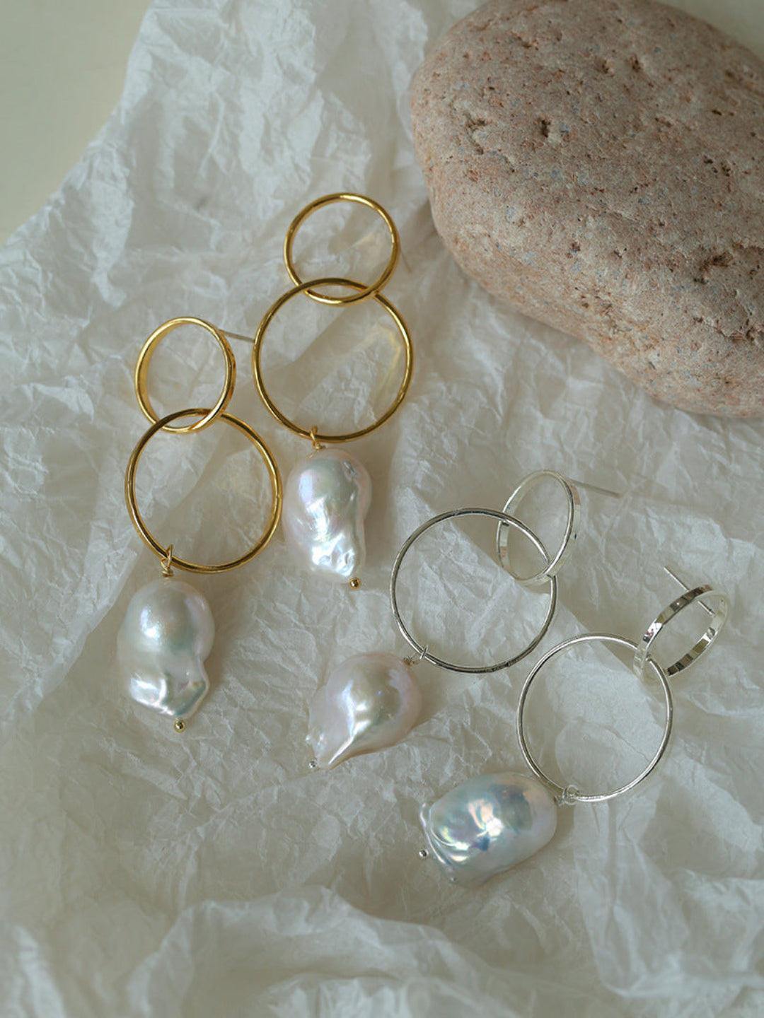 Metal Circle Baroque Pearl Drop Earrings - Gembea Jewelry