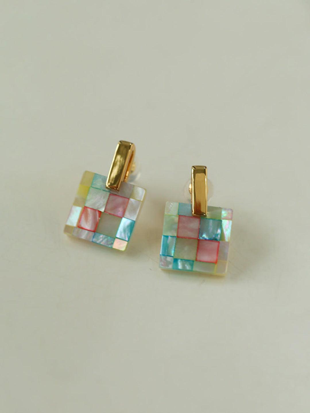 Splice white Mother of Pearl Checkerboard Earrings - Gembea Jewelry
